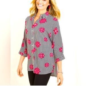 Chico’s Medallion Striped tunic beach Shirt Red Floral women’s 16/18 GUC summer